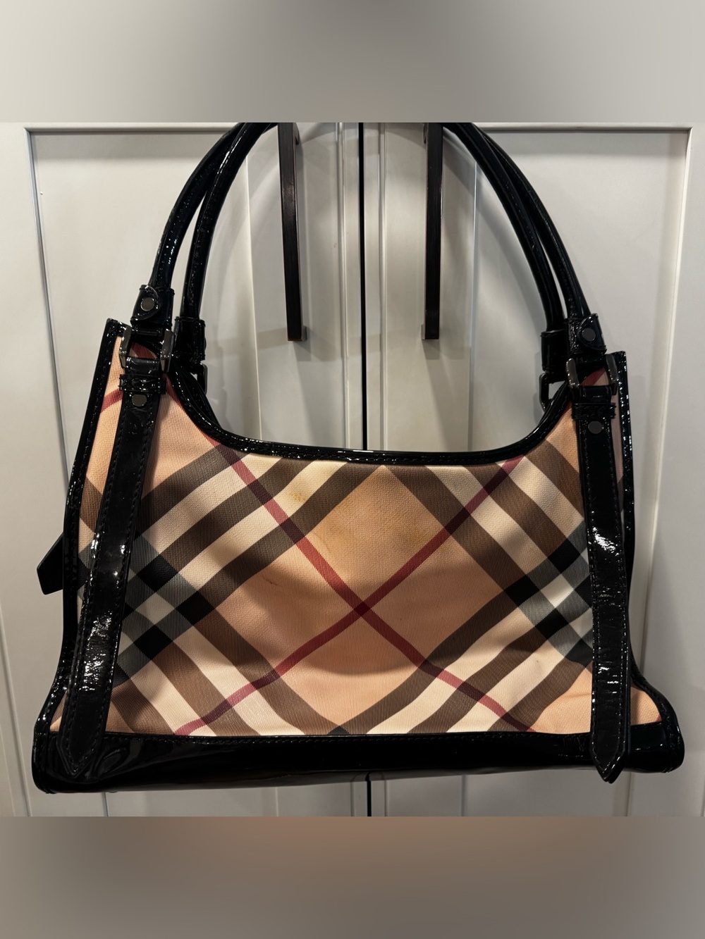 Burberry Ashmore Supernova Check Shoulder Bag Black Patent Trim Authentic Flaws